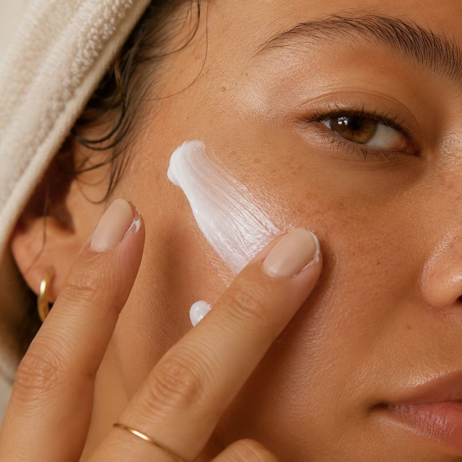 Close-up of a woman applying a whipped cleanser to her cheek