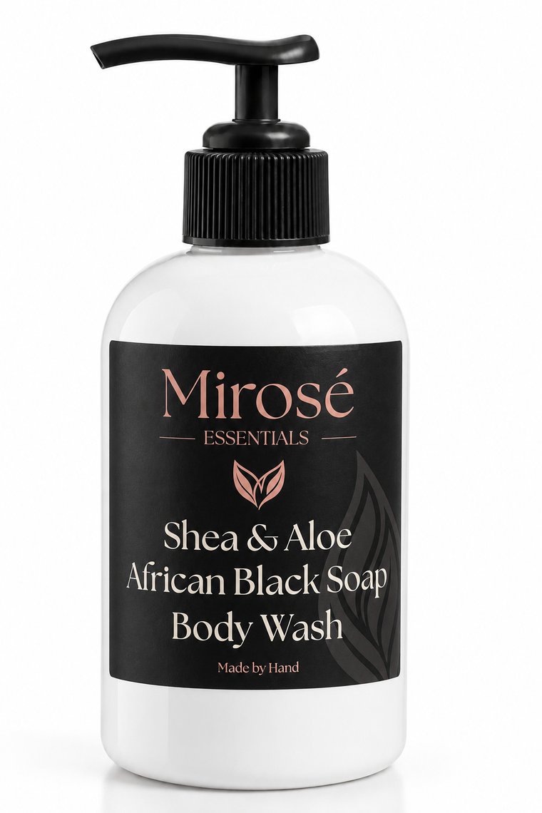 Mirosé Essentials Shea & Aloe African Black Soap Body Wash bottle